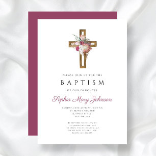 Elegant Red Floral Boho Cross Baptism  Invitation