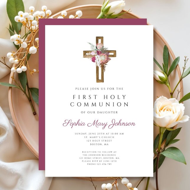 Elegant Red Floral Boho Cross First Communion Invitation (Elegant Red Floral Boho Cross First Communion Invitation)