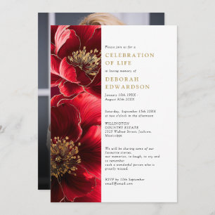 Elegant Red Floral Celebration Of Life Photo Invitation