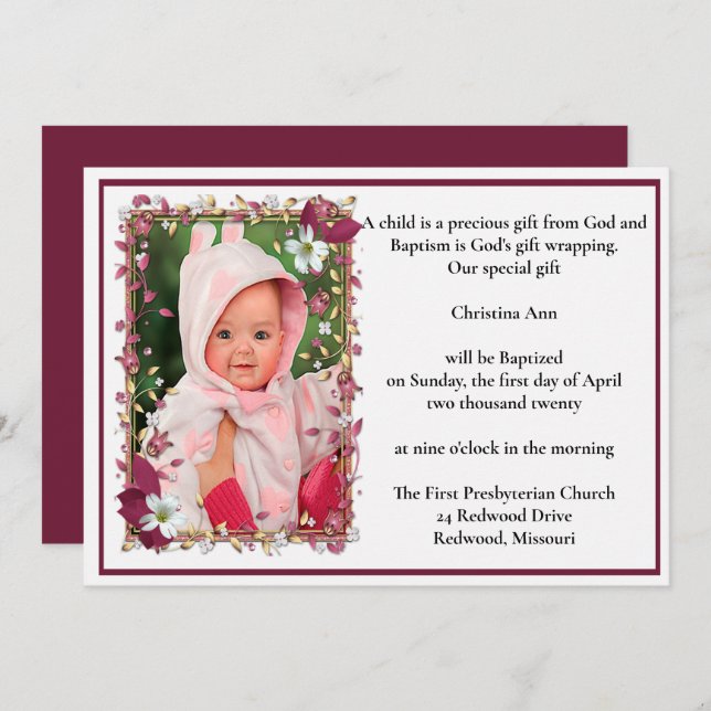 Elegant Red Floral Design Baptism Invitation (Front/Back)