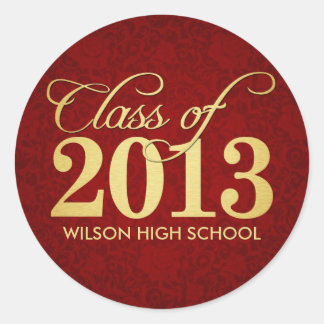 Elegant Red Floral Dmask and gold Class of 2013 Classic Round Sticker