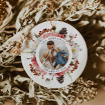 Elegant Red Floral Family Photo Christmas Ceramic Ornament<br><div class="desc">Elegant Red Floral Family Christmas Ornaments. Great as a gift for the family. Click personalise to edit and add your photo. Cava Party Design</div>