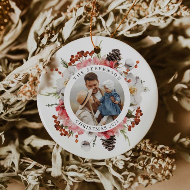 Elegant Red Floral Family Photo Christmas Ceramic Ornament (Creator Uploaded)