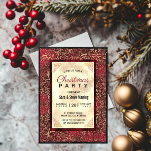 Elegant red floral faux gold Christmas  Invitation