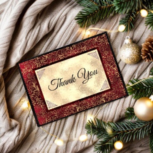 Elegant red floral faux gold thank you card