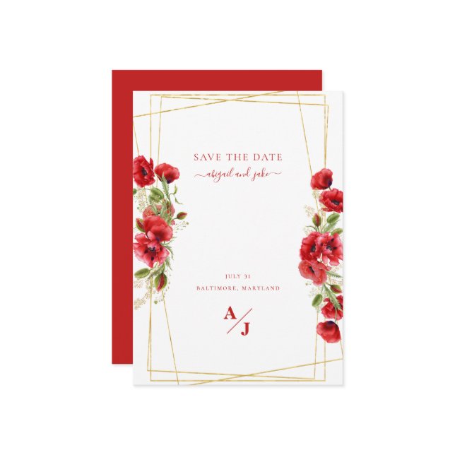 Elegant Red Floral Geometric  Save The Date (Front/Back In Situ)
