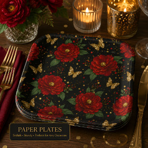 Elegant Red Floral & Gold Butterfly Birthday Party Paper Plate