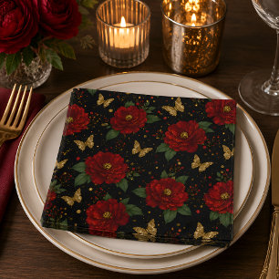 Elegant Red Floral Gold Butterfly Cocktail Napkin