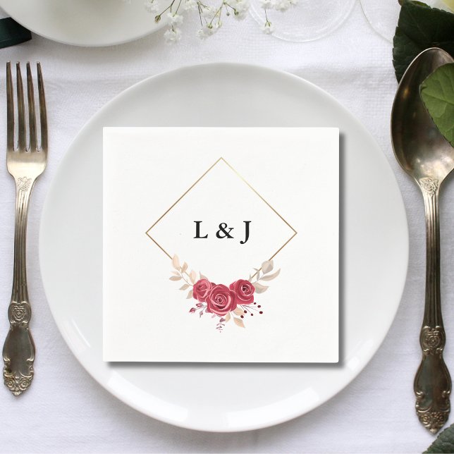 Elegant Red Floral Gold Frame Initials Wedding Napkin (Creator Uploaded)