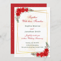 elegant red floral gold frame wedding invitation