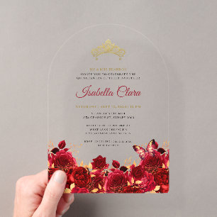 Elegant Red Floral Gold Quinceanera Acrylic Invitations