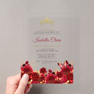 Elegant Red Floral Gold Quinceanera Acrylic Invitations
