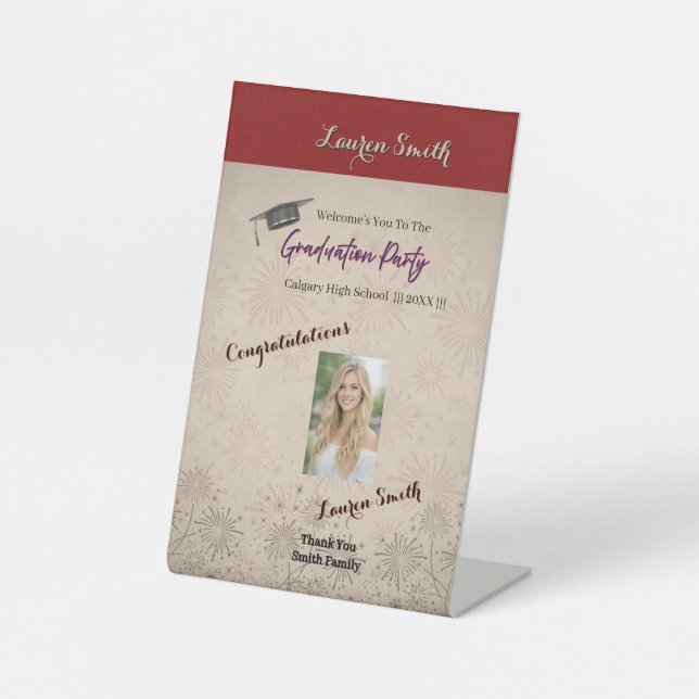 Elegant Red Floral Graduation Pedestal Welcome  Sign (Front)