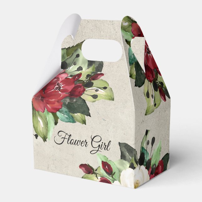 Elegant Red Floral Grunge Wedding Flower Girl Favour Box (Front Side)
