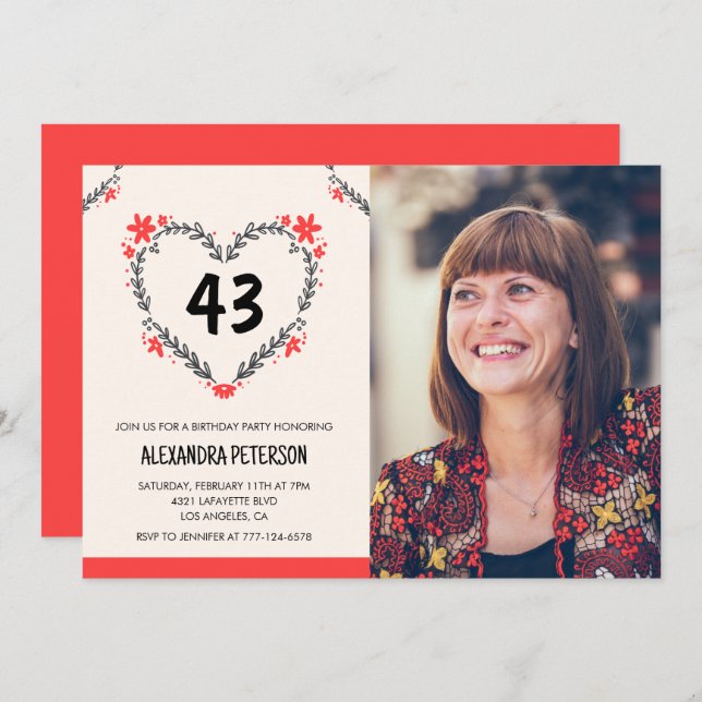Elegant Red Floral Heart for her 43rd birthday Invitation (Front/Back)