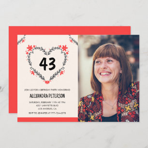 Elegant Red Floral Heart for her 43rd birthday Invitation
