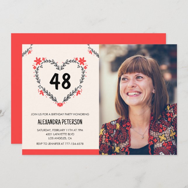 Elegant Red Floral Heart for her 48th birthday Invitation (Front/Back)