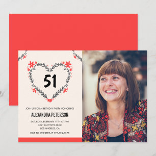 Elegant Red Floral Heart for her 51st birthday Invitation
