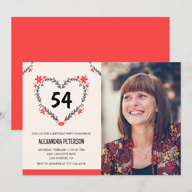 Elegant Red Floral Heart for her 54th birthday Invitation (Front/Back)