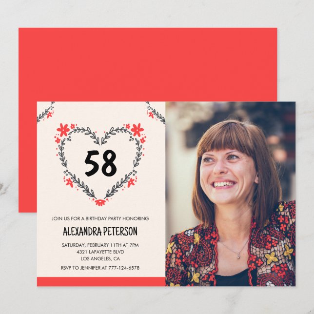 Elegant Red Floral Heart for her 58th birthday Invitation (Front/Back)