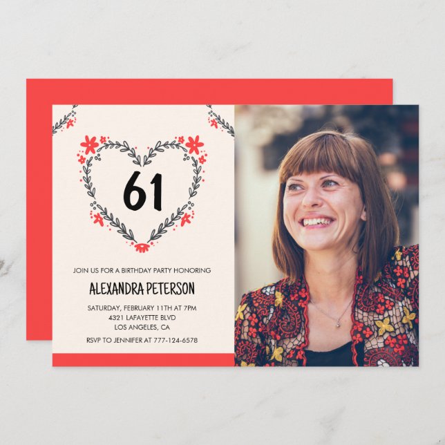 Elegant Red Floral Heart for her 61st birthday Invitation (Front/Back)