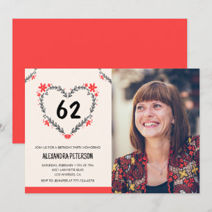 Elegant Red Floral Heart for her 62nd birthday Invitation