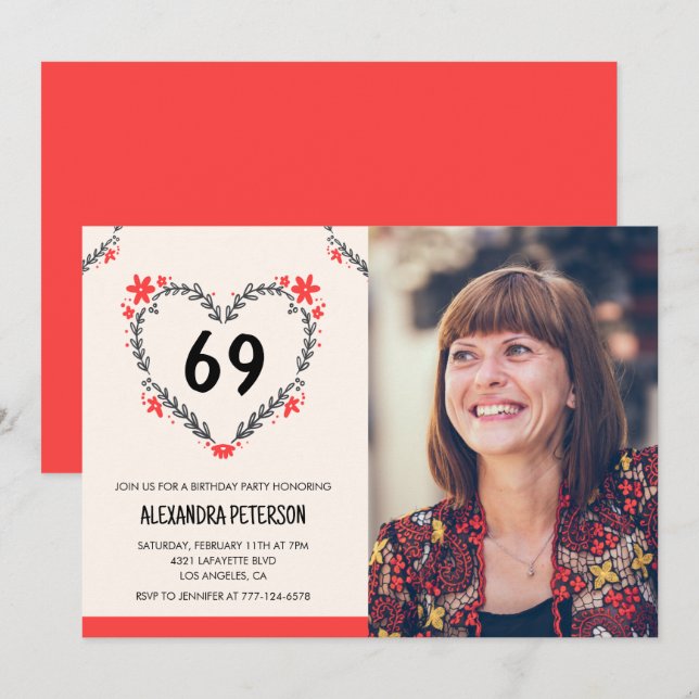 Elegant Red Floral Heart for her 69th birthday Invitation (Front/Back)