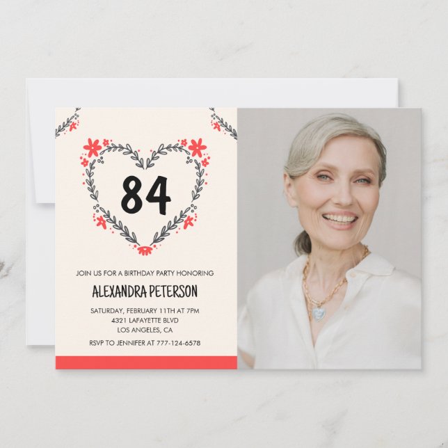 Elegant Red Floral Heart for her 84th birthday Invitation (Front)
