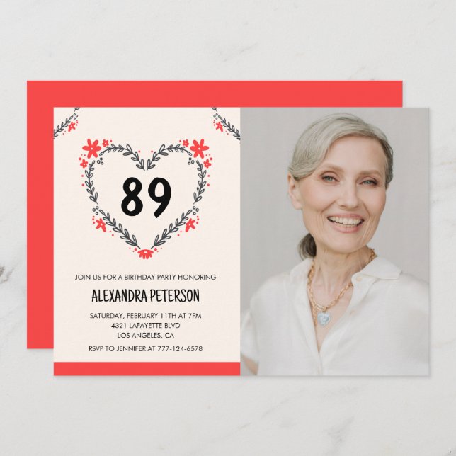 Elegant Red Floral Heart for her 89th birthday Invitation (Front/Back)