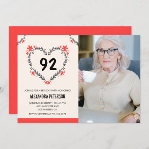 Elegant Red Floral Heart for her 92nd birthday Invitation