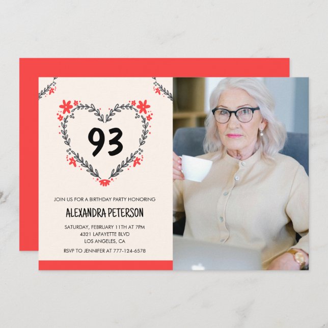 Elegant Red Floral Heart for her 93rd birthday Invitation (Front/Back)