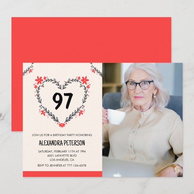 Elegant Red Floral Heart for her 97th birthday Invitation (Front/Back)