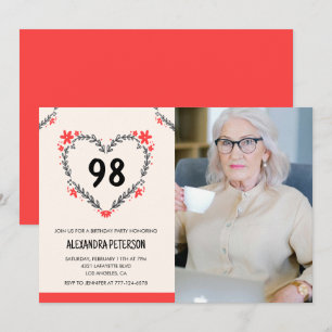 Elegant Red Floral Heart for her 98th birthday Invitation