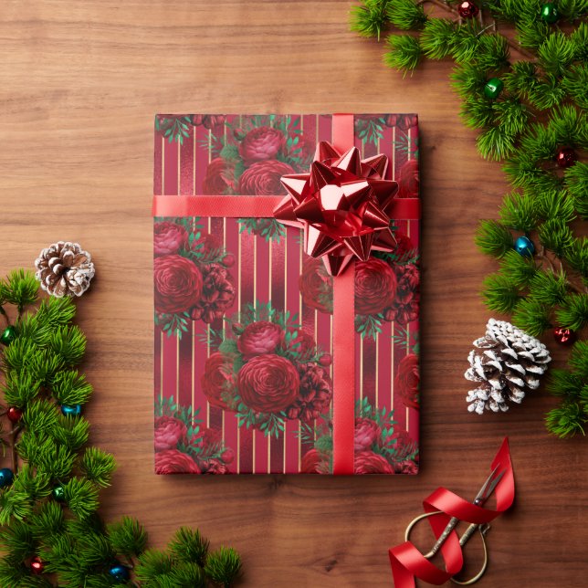 Elegant Red Floral Metallic Stripe  Wrapping Paper (Holiday Gift)