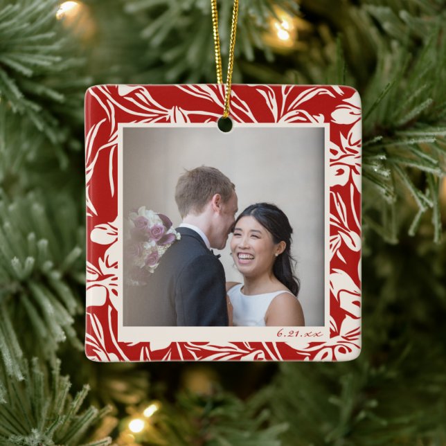 Elegant Red Floral Pattern Custom Photo Ceramic Ornament (Tree)