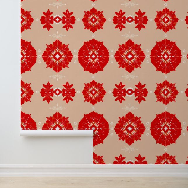 Elegant Red Floral Pattern on Beige Wallpaper (Application)