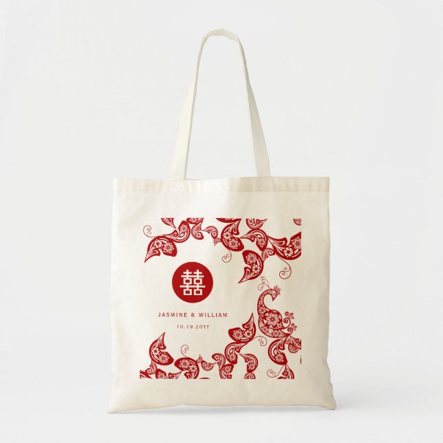 Elegant Red Floral Peacock Chinese Wedding Bag (Front)