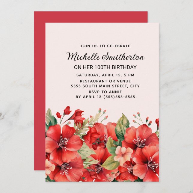 Elegant Red Floral Pink 100th Birthday Invitation (Front/Back)