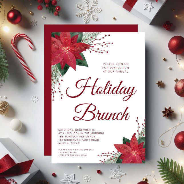 Elegant Red Floral Poinsettia Holiday Brunch Invitation (Elegant Red Floral Poinsettia Holiday Brunch Invitation)
