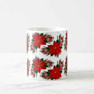 Elegant Red Floral Poinsettia Pine Greenery Leaves Coffee Mug