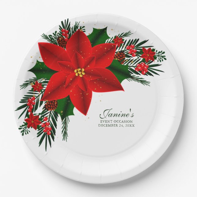 Elegant Red Floral Poinsettia Pine Greenery Leaves Paper Plate (Front)