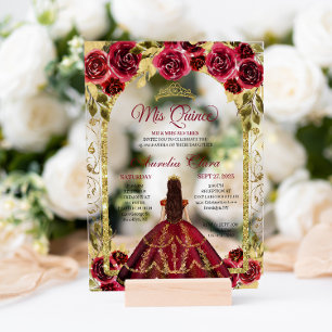 Elegant Red Floral Princess Gold Arch Quinceanera Acrylic Invitations
