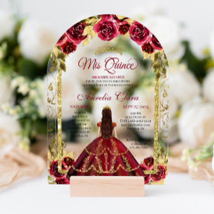 Elegant Red Floral Princess Gold Arch Quinceanera Acrylic Invitations