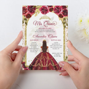 Elegant Red Floral Princess Gold Arch Quinceanera Invitation