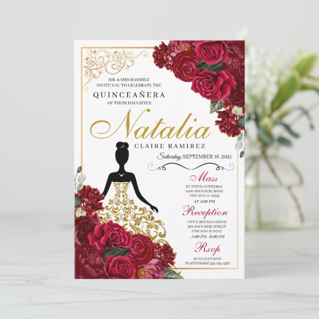 Elegant Red Floral Quinceanera Birthday Invitation (Standing Front)