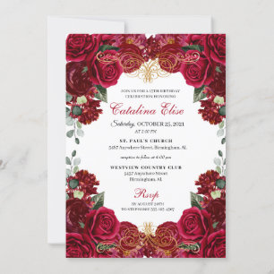 Elegant Red Floral Quinceanera Birthday Invitation