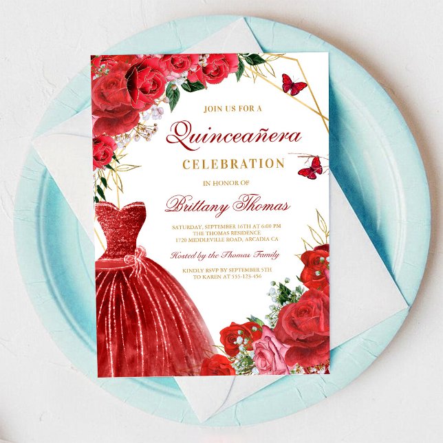Elegant Red Floral Quinceañera Invitation (Creator Uploaded)