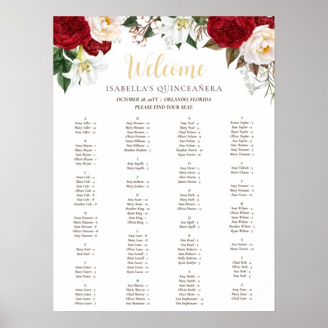 Elegant Red Floral Quinceañera Seating Chart (Front)