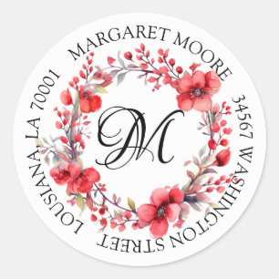 Elegant Red Floral Script Monogram Address Classic Round Sticker