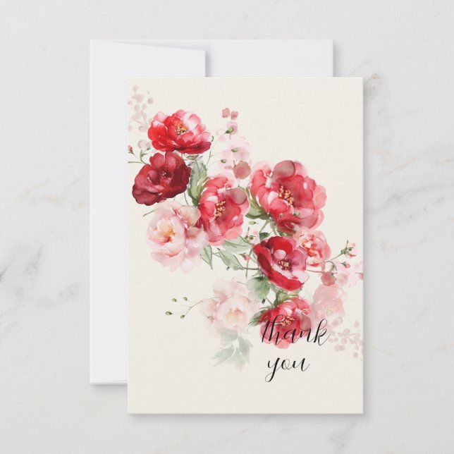 Elegant Red Floral Simple Cream Wedding Thank You Card (Front)